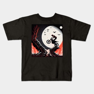 Dirt bike stunt w/moon red and black Kids T-Shirt